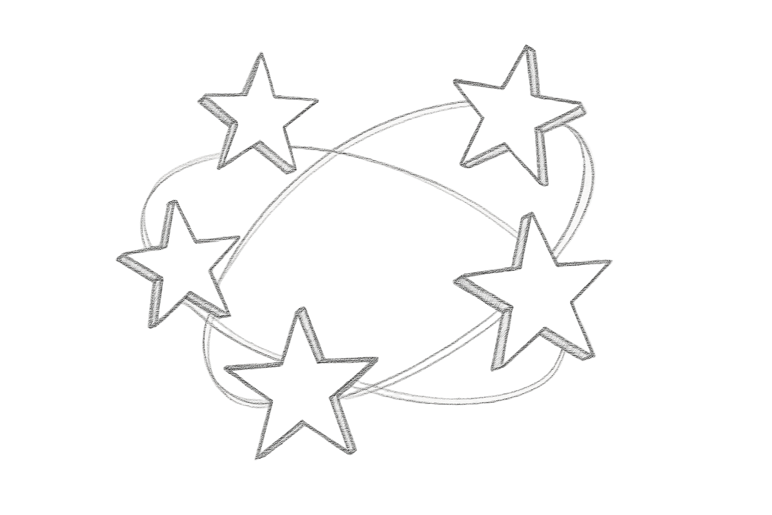 a pencil outline showing 5 stars revolving around a central point in perspective