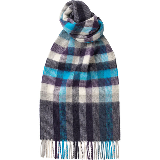 Product image for Herring Blue Block Check Cashmere Scarf in denim