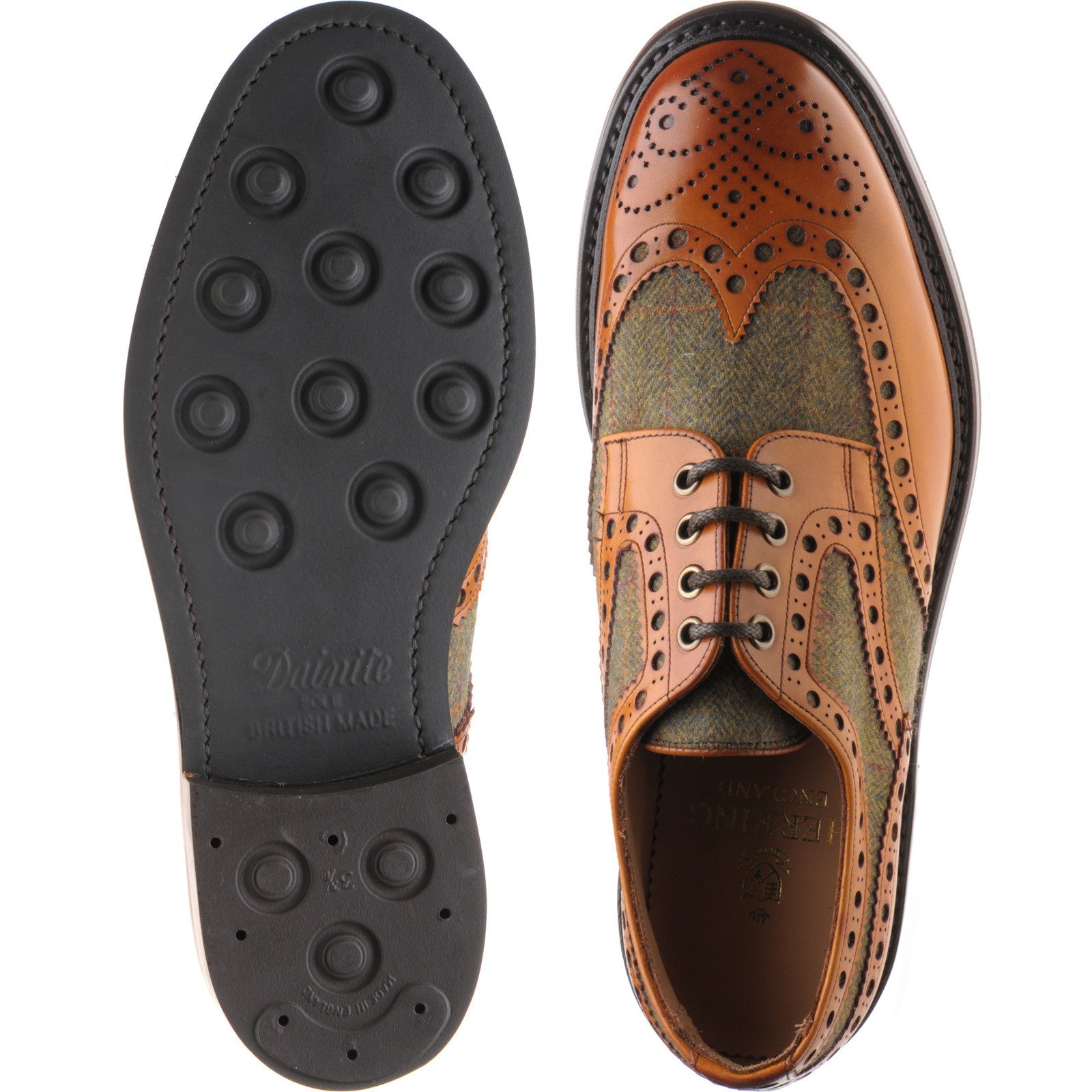 Product image for Herring Dartmoor (Rubber) mens tweed rubber-soled brogues in moorland green tweed and chestnut calf