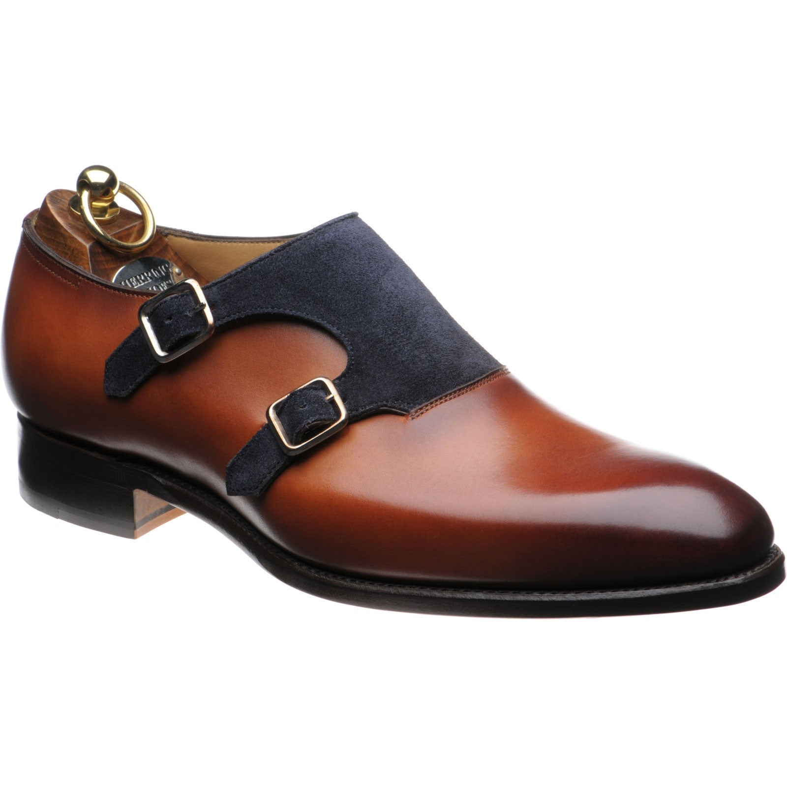 Product image for Herring Faversham mens double monk shoes in chestnut and navy
