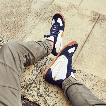 Product image for Herring Tokyo Hi-Top Trainer mens rubber-soled boots in white calf and navy suede