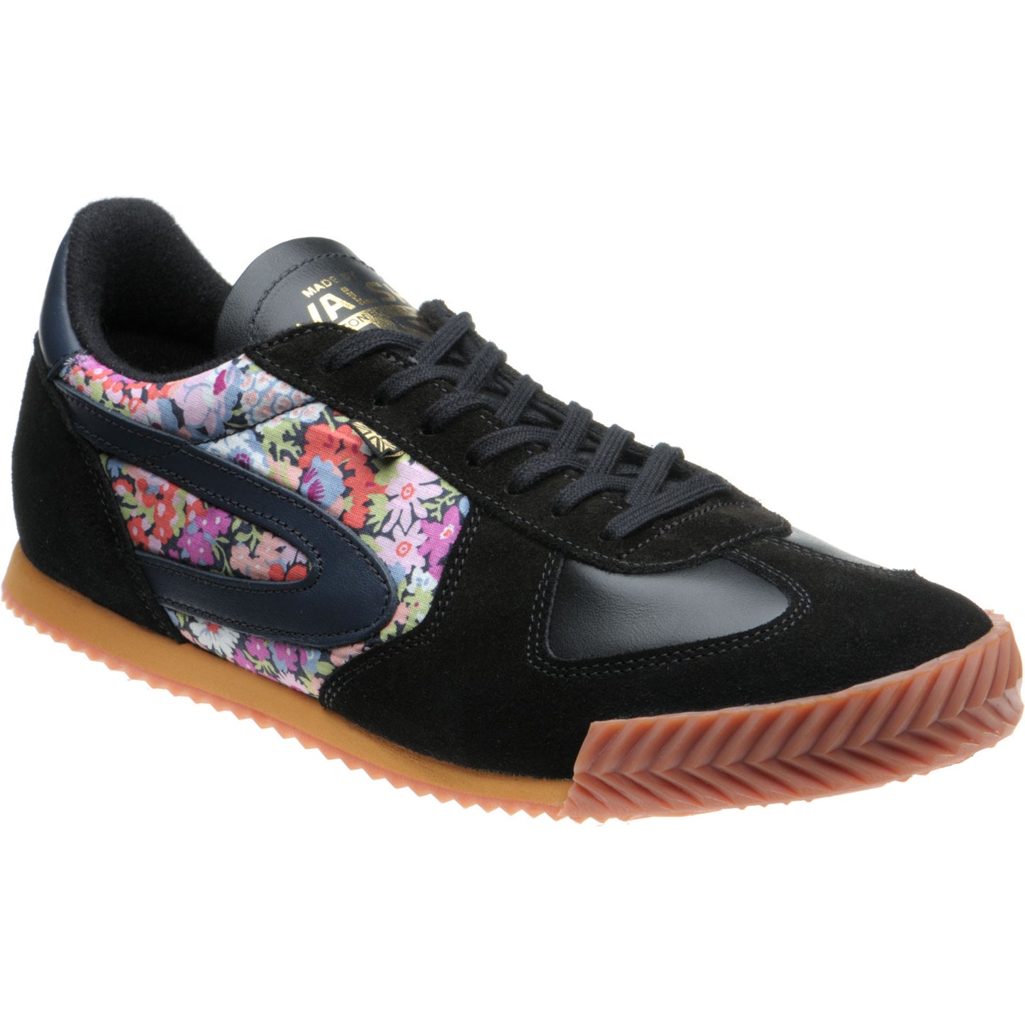 Product image for Herring Tokyo Trainer mens rubber-soled trainers in black calf and printed linen