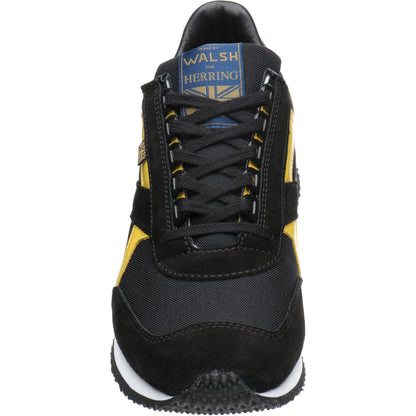 Product image for Herring Voyager Trainer mens rubber-soled trainers in black mesh and black suede and yellow calf