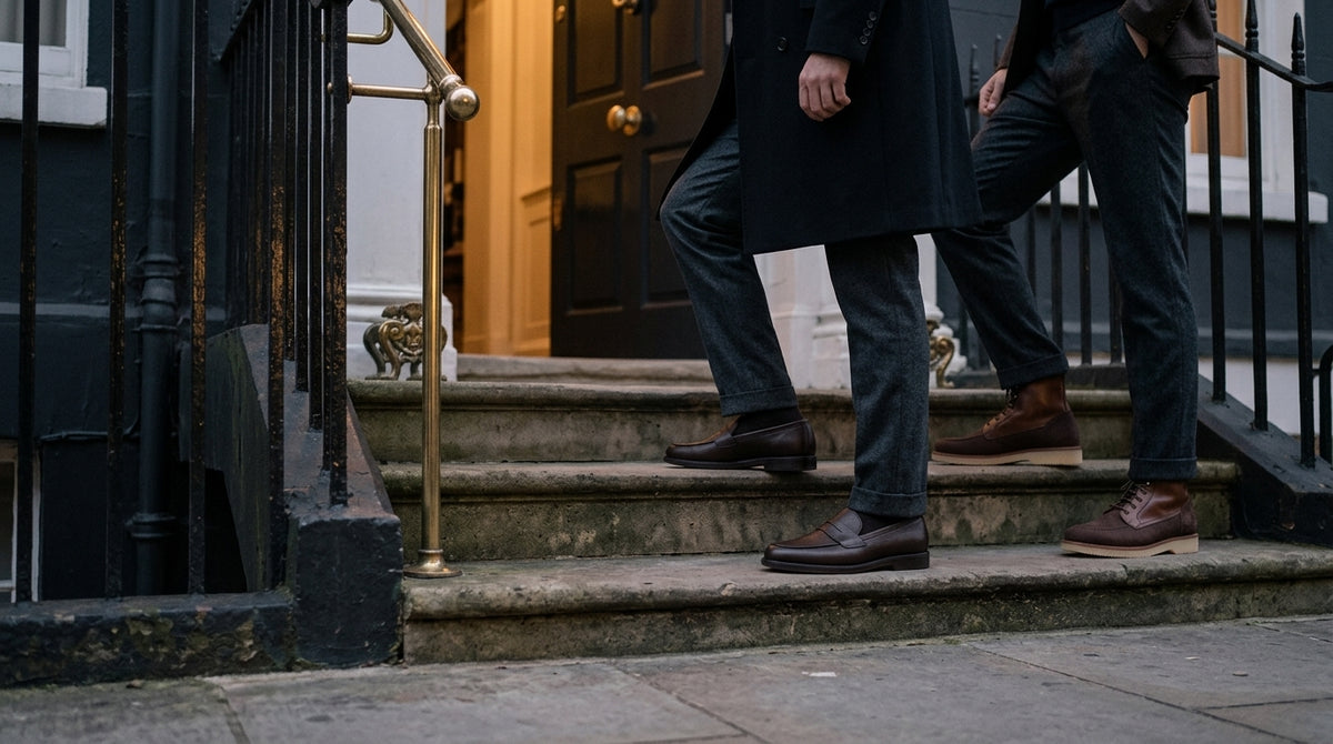Herring Wilkins boots and Cole loafers, worn on Georgian steps