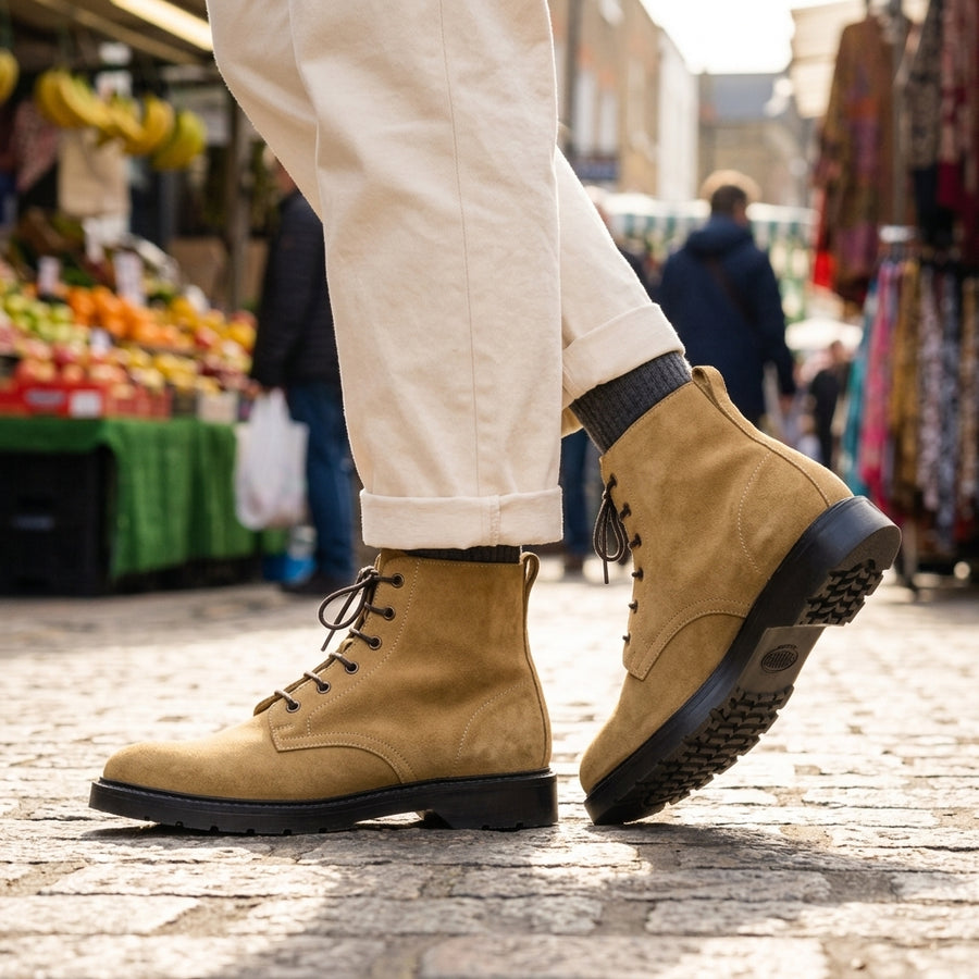 Solovair Derby Boot mens rubber-soled boots in tan suede