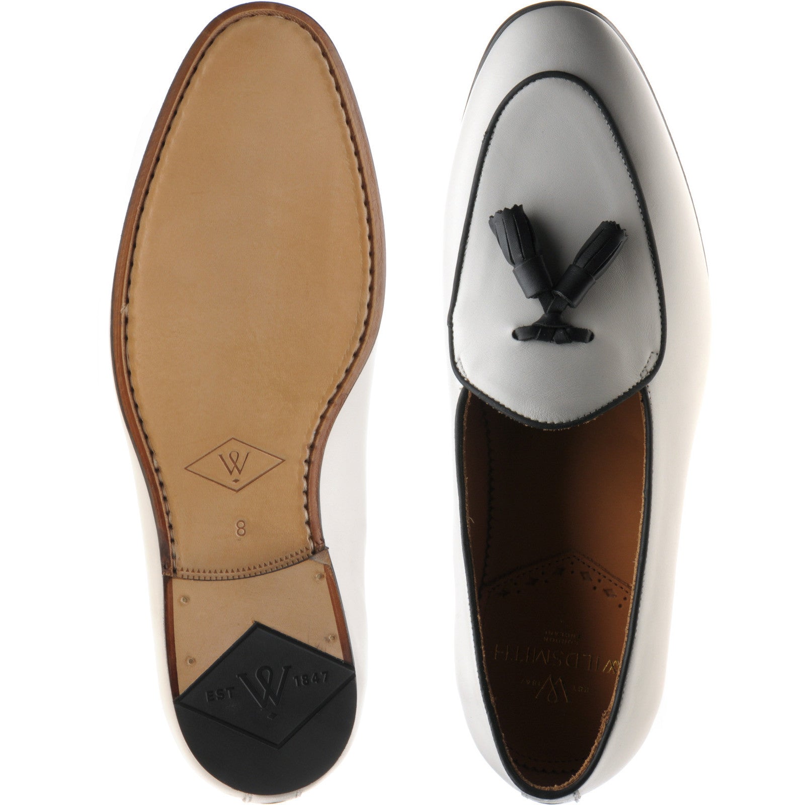 Product image for Wildsmith Model 88 mens tasselled loafers in off white and black calf